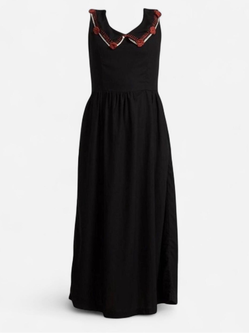 Tach Dora black linen fitted dress with floral embroidered collar